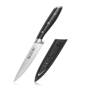 
                  
                    Cargar imagen en el visor de la galería, ALPS Series 5-Inch Serrated Utility Knife with Sheath, Forged German Steel, Black, 502759
                  
                