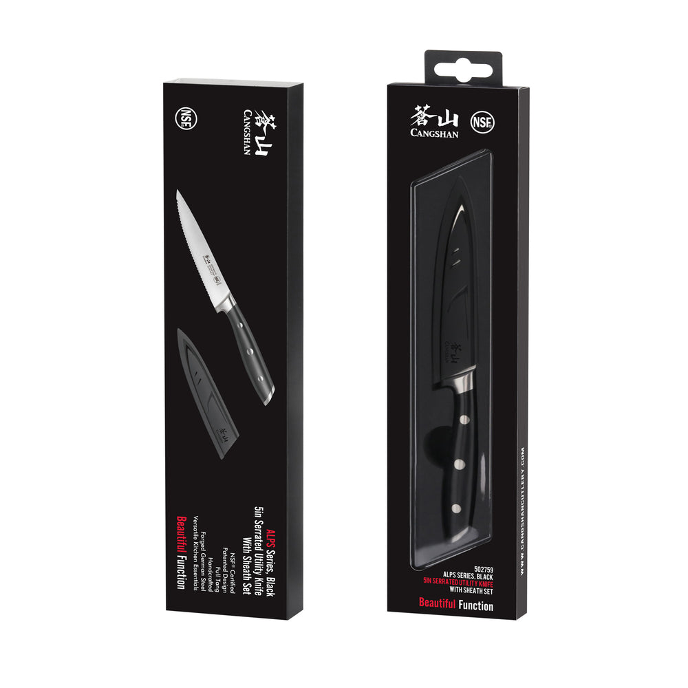 
                  
                    Cargar imagen en el visor de la galería, ALPS Series 5-Inch Serrated Utility Knife with Sheath, Forged German Steel, Black, 502759
                  
                